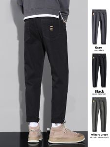 ROMON | Loose Straight Leg Mens Casual Pants Black Elasticated Denim Style Autumn 2023 Romon Youthful Vitality Fashionable Trousers