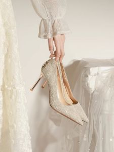 รองเท้าส้นสูงทรงครอว์นสีชамเปญหรูหราสำหรับเจ้าสาว รองเท้าแตะแบบสองทาง รองเท้าส้นเดี่ยว สไตล์วินเทจ สไตล์เกาหลี