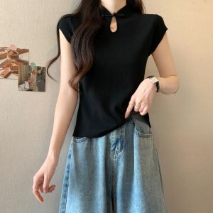 Short Ice Silk T-Shirt Womens Summer Fashion plus Size Micro Plump MM Slimming New Chinese Style Button up Top National Style Small Shirt