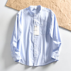 Fresh Artistic Japanese Style Mens Long Sleeve Shirt Washed Pure Cotton Stand Collar Breathable Sweat Absorbent Solid Color