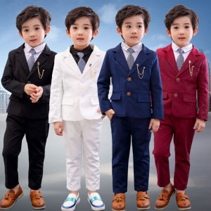 lontakids 2Pcs Kids Boys Formal Set Jacket Coat + Pants Children Long Sleeve Blue Red White Coat Formal Suit Birthday Party Competition Speech Wedding Clothing