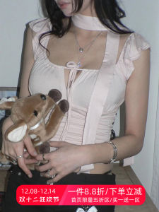 เสื้อกั๊กแขนสั้นผ้าฝ้ายลายจุดสีชมพู ทรงเข้ารูป คอวี แขนพอง ดีไซน์สไตล์ฝรั่งเศส สำหรับผู้หญิง