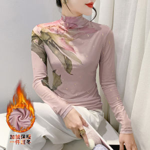 Turtleneck Mesh Top Womens Long Sleeve Autumn Fashion Floral Printed Slim Fit Silk T-Shirt for Street Style Parties