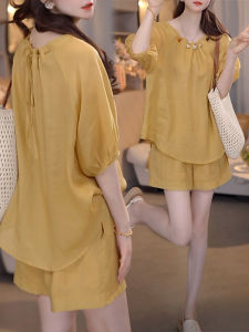 Shalldoer | Bộ đồ hai mảnh cổ tròn tay ngắn lưng thun Dopaamine Relaxing dành cho nữ mùa hè màu trơn quần short áo sơ mi