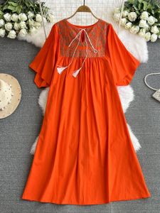 plus Size Summer Dress Korean Style Loose Waist Embroidered Long A-Line Dress Belly Covering Slimming Effect Over-Knee Length