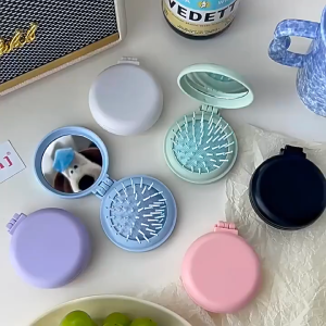 { NY ACC } Sisir Rambut Bulat Kaca Cermin Compact 2IN1 Mini Kecil Portabel Saku Cermin Ukuran Kecil / Sisir Rambut Lipat Pijat Bepergian Sikat Rambut Wanita