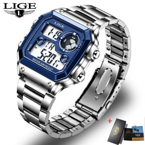 LIGE Fashion Digital Watch for Men Stainless Steel Strap Waterproof Luminous Man Wrist Watch