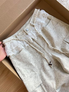 Chao Level Recommendation! Vocal!!! Sweet Lace Trim Splicing Design Small Waist Belt Straight Leg Workwear Pants Women