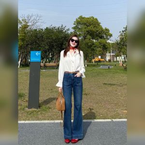 YUFUQING | กางเกงยีนส์ทรงตรงเอวสูงสีน้ำเงินเข้มสไตล์ย้อนยุคแบบอเมริกันสำหรับผู้หญิง กางเกงขายาวทรงสลิมฟิต ทรงหลวม ฤดูร้อน 2025