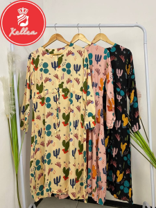Tunik Wanita Motif Kaktus Model Simple Tunik Gamis Lengan Panjang Rampel Motif Terbaru Bahan Rayon Busui Friendly Serut Tengah Kancing Aktif Kerah Bulat Size LD 100cm PJ 114cm - XELLEA
