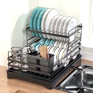 Rak Piring Dapur Stainless Steel, Rak Cuci Piring Wastafel, Rak Pengering Piring Mangkuk dengan Baki Kokoh Kuat