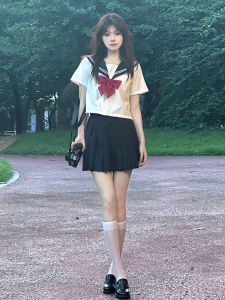 Original Japanese Style School Uniform Plaid Skirt Set Sweet Bishoujo Short Skirt High Waist A-Line Silhouette Solid Color