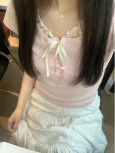 Sweet Pure Desire Pink Bow Shoulder T-Shirt Womens Short Slimming Hot Girl Wooden Edge Ear Fake Two-Piece Top Summer