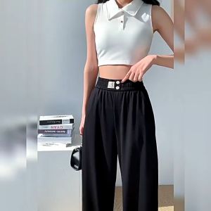 LNR Shop Celana Panjang Wanita High Waist Kulot Fit to M - XXL Import Premium Pinggang Tinggi Full Karet dengan 2 Kancing Long Pants Polos Korean Style Celana Kaki Lebar Boyfriend