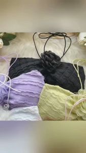 เสื้อกั๊กเชือกแขวนคอ สายเดี่ยวทรงเกาะอกดอกไม้ สไตล์เกาหลี Ladies Clothes - ชมพู ผู้หญิง Women Clothing