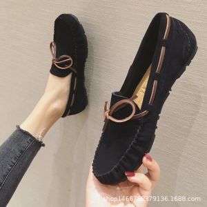 Large Size Slip-On Bean Shoes for Women Comfortable round Toe Flat Heel Fashionable Casual Loafers in Black Suitable for Pregnant Women