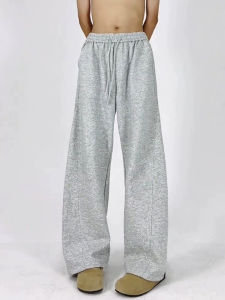 Gray Heavyweight Mens Sporty Sweatpants Autumn Cleanfit Drapey Straight Leg American Retro Loose Wide Leg Pants