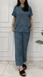 Setelan Knit Denim 8919 One Set Polos Lengan Pendek Set Wanita Classic Sett Stelan Modis Mewah Elegan