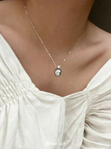 Silver Grey Pearl Necklace Set with Zircon Crystal Single Pendant round Pure Silver Fashion Commuting Clavicle Chain Jewelry
