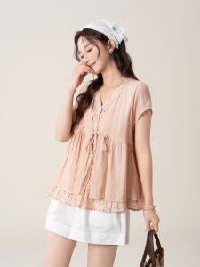 SHANGWEILUO | Flattering Loose Dot Pattern Shirt Pink Womens Short Sleeve Blouse