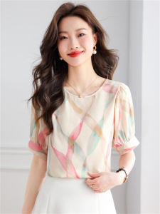 French Style Gradient Print Chiffon T-Shirt Womens Short Sleeve round Neck Top Elegant Summer Fashion Sweet Loose Fit Bubble Sleeve