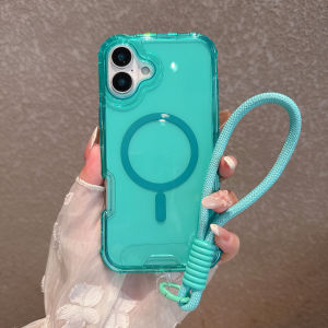 High Clear Armor Phone Case for iPhone 13 14 15 16 Pro Max Wireless Charging Magnetic Wrist Strap Bracelet Shockproof Back Cover