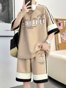 Summer Casual Sports Set Mens Half Sleeve round Neck T-Shirt Shorts Two-Piece Set Polyester Fiber Teenagers Suitable