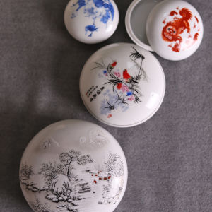 Jingdezhen Ceramic Ink Stamp Box Vermilion Rouge Pot Special Large Size Clay Box Porcelain Cylinder Plain Blue-and-White Imitation Ancient Flower-and-Bird Calligraphy Hand-Painted Ink Stamp Box Cultural Supplies