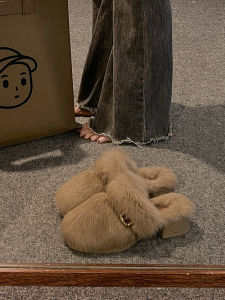 Elegant Thick Heel Fur Slippers Womens Outdoor Wear Autumn Winter New Style Versatile Cover-Up Half Slippers Korean Version