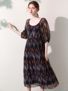 Miccbeirn | French Court Style Silk Long Dress Beachwear High Waist Slim Fit Print Gauzy Skirt A-Line Summer Elegant Womens Clothing