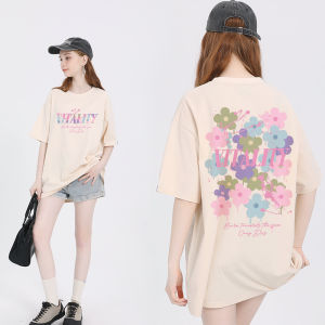 Summer Floral Cotton T-Shirt Womens Loose Short Sleeve round Neck Casual Streetwear Brand OIOY Creative Print Straight Cut
