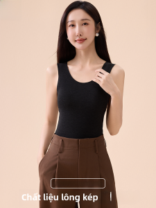 MiiOW | Áo khoác lông cừu lụa màu đen không tay ấm áp cho nữ mùa thu đông mới về Áo sơ mi cơ bản cổ tròn không tay áo khoác ngoài