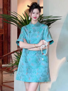 New Autumn Loose Blue Chinese Style Qipao Dress Slimming Design Retro Straight Cut Short Sleeve Womens Silk Fashion Dress