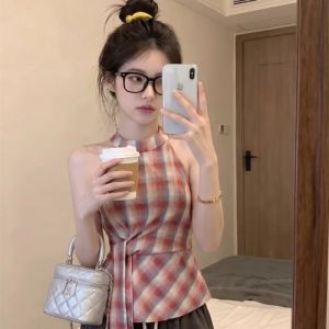 GUZILIAN | French Vintage Color Block Plaid Off-Shoulder Cinched Waist Tie Tank Top