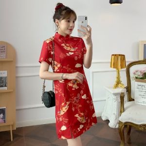 Large Swing Skirt Chinese Fad Retro Festive Bright Red Chinese Style Dress Slim Looking Improved Cheongsam Summer plus Size Mid-Length Dress