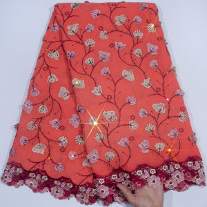 Swiss Voile Cotton Lace Fabric African Floral Embroidery with Border 5Yards Beaded Lace Material for Women Party Wear