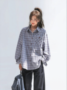 CHANT2nd | Loose and Slimming Korean Style Blue Plaid Shirt