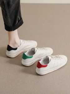 Womens Flat Bottom Leather Sneakers Summer Breathable Sheepskin Casual Shoes Comfortable Cross Buckle Low Heel Rubber Sole