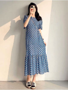Elegant Blue Dress Bubble Sleeve Loose Fit Casual Commute Slimming High Street Style European Fashion Brand Ouzhiyan
