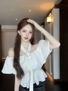 GUZILIAN | French Lace Trim Halter Neck Chiffon Shirt Women Summer Pure Sweet Spicy Girl One Shoulder Waist In Short Small Top Beautiful