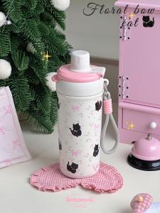 Original Little Black Cat Floral Thermos Cup 316 Stainless Steel Good-looking Girl Drinking Bottle Accompanying Straw Cup Student