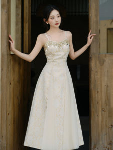 Váy Dự Tiệc Kiểu Pháp Sang Trọng Nhẹ Nhàng Mới 2024 Váy Không Tay Cổ Chữ V Bằng Vải Polyester Dài Vừa Phải Cho Nữ