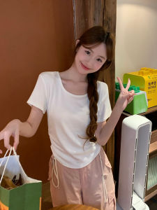 Áo Thun Nữ Tay Ngắn Hở Lưng Ren Xếp Nếp Ôm Eo Mùa Hè Phong Cách Hàn Quốc Cotton Nguyên Chất Thường Ngày