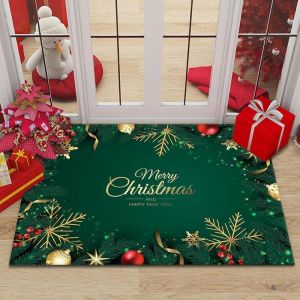 VIKAMA Green Gold Christmas Door Mat Elegant Xmas Print Welcome Rug Non Slip For Entryway Indoor Outdoor Luxury Decor