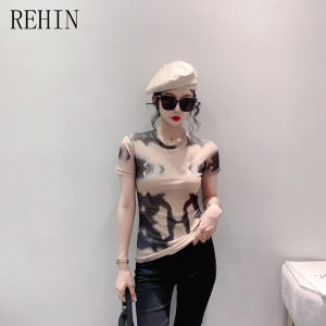 Rehin Áo thun nữ áo cổ tròn tay ngắn in mẫu hình độc đáo lưới thời trang mùa hè Áo S-3XL thon gọn hợp thời trang
