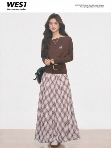 WESTAYONE | Slant Shoulder Slimming Loose Long Sleeve Knit Top Plaid Half Skirt