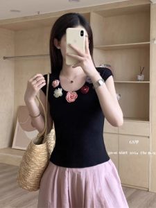 Sweet Youth-Defying Sleeveless U-Neck Knitted Vest Womens Summer New Style Heavy Embroidery Floral Design Slim Fit Korean Style