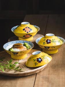 Large Ceramic Soup Bowl with Lid Japanese Style Casserole Dish Personal Specialty Home Use Dining Utensils round Shape Plant Floral Pattern