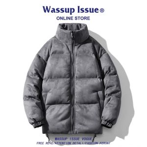 Wassup Issue Mens Suede Cotton Jacket Winter Thickened American Retro down Cotton Coat Youth Trendy Outerwear Casual Style