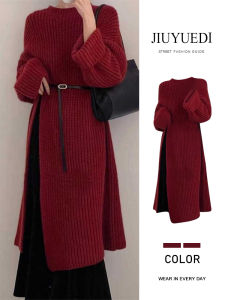 Late September French Red round Neck Knitted Dress Womens Autumn Winter Loose Long Dress Christmas Atmosphere Commute Style